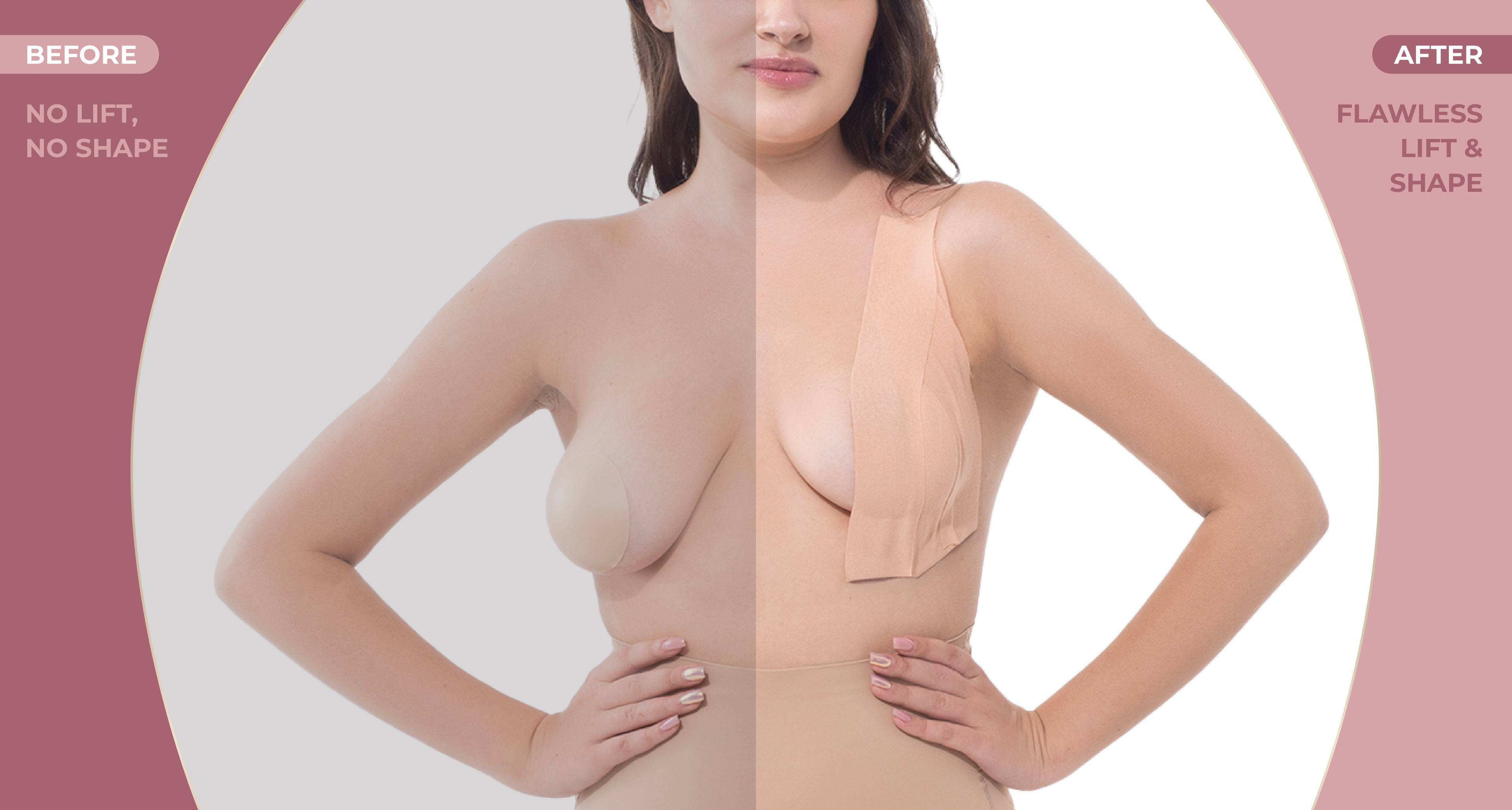 Model wearing a nipple cover on one breast and GlamTape on the other, showcasing flawless lift and shape