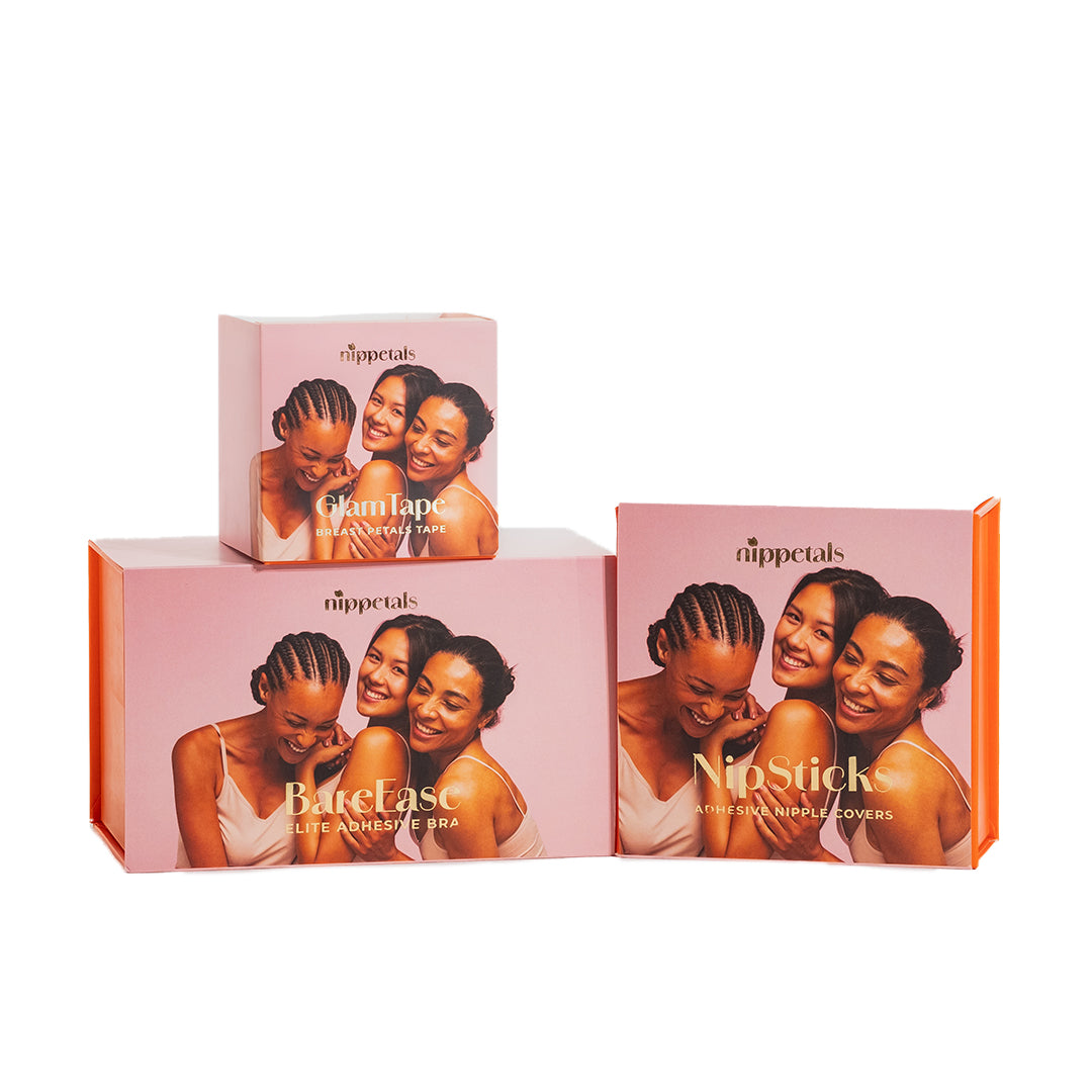 Bundle of Nippetals GlamTape, NipSticks, and BareEase, known for their lift and seamless support for various outfit needs