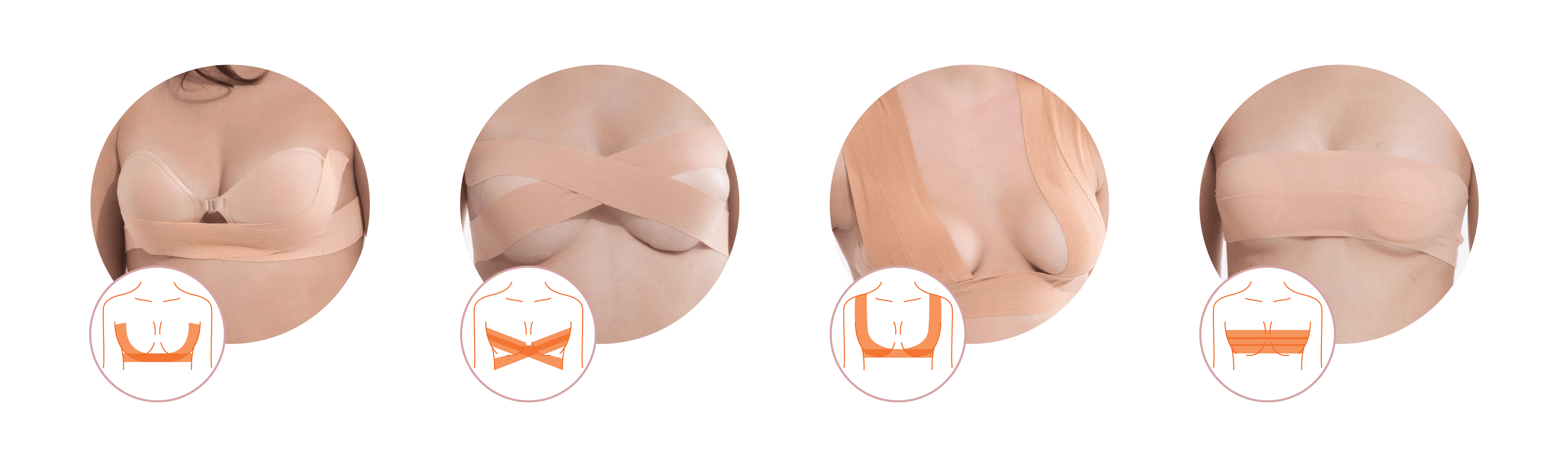 Different models showcasing various ways of wearing Nippetals GlamTape, providing versatile support for different styles