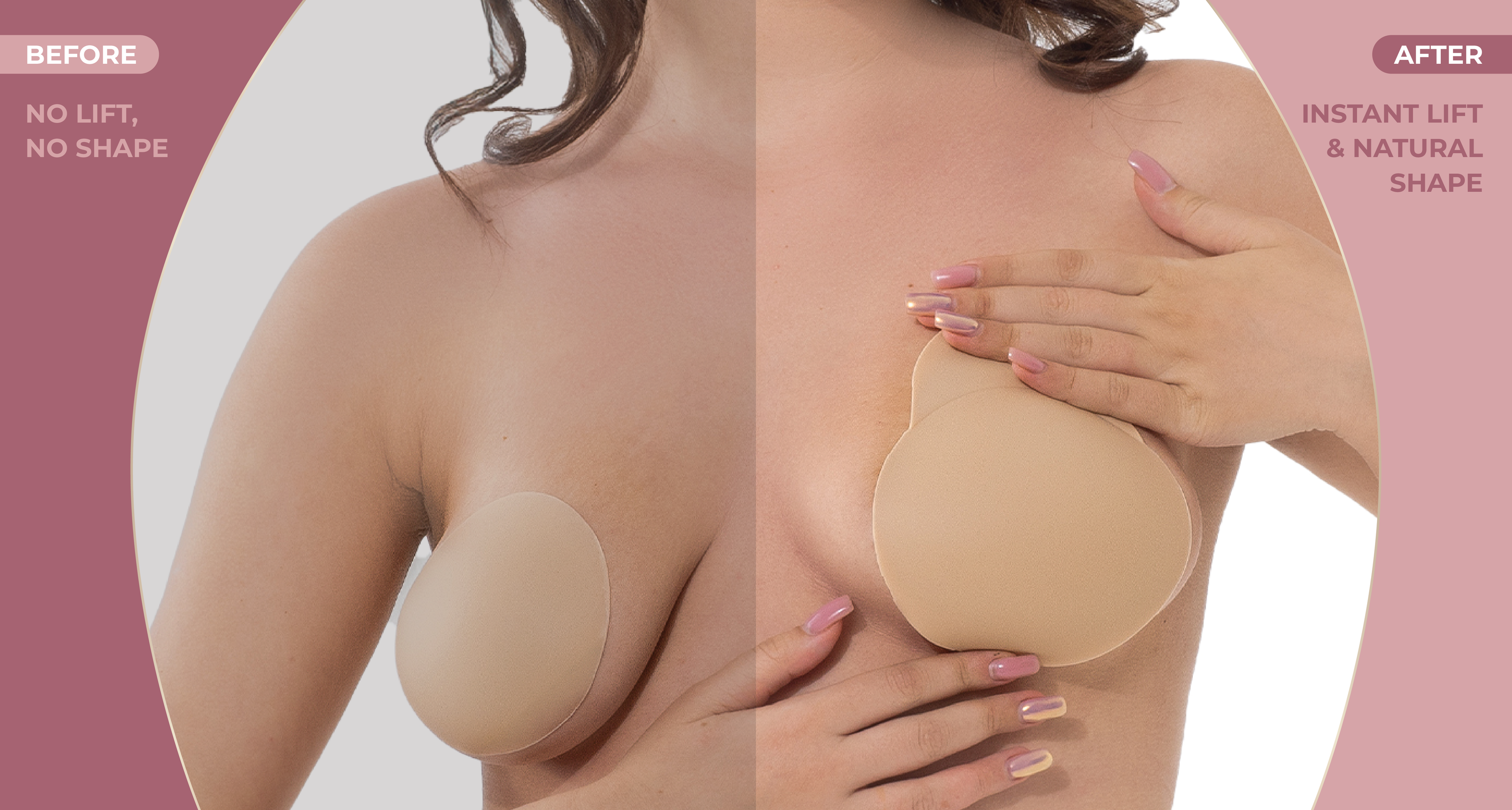 Model wearing a standard nipple cover on breast and Nippetals NipLifts on the other, highlighting instant lift and natural shape