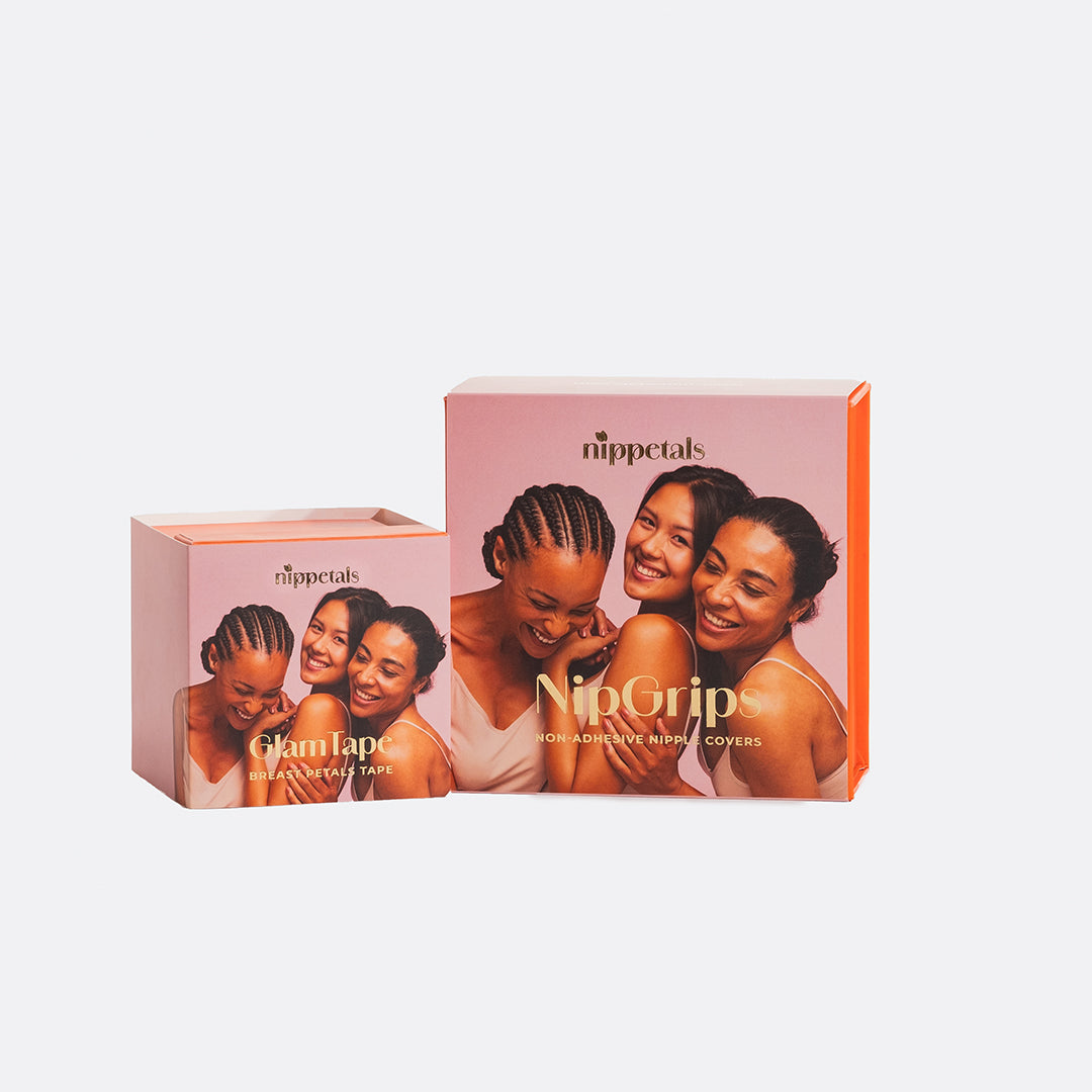 Packages of Nippetals GlamTape and NipGrips non-adhesive nipple covers displayed together, showcasing versatile and supportive wardrobe solutions