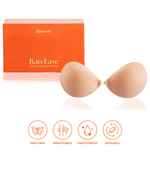 Nippetals BareEase Adhesive Bra displayed in front of its packaging box, highlighting its skin-safe, breathable, sweatproof, and reusable features