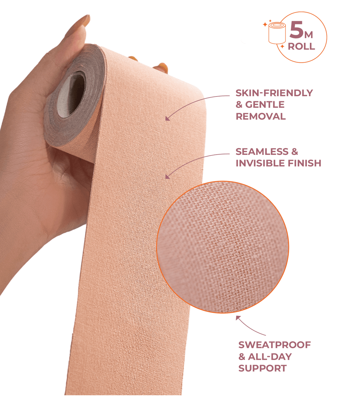 Hand holding a roll of Nippetals breast tape with features like seamless finish, skin-friendly, and sweatproof highlighted