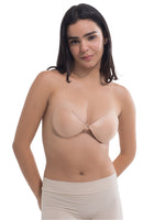 Model wearing BareEase strapless bra for secure hold, desired shape, and all-day comfort