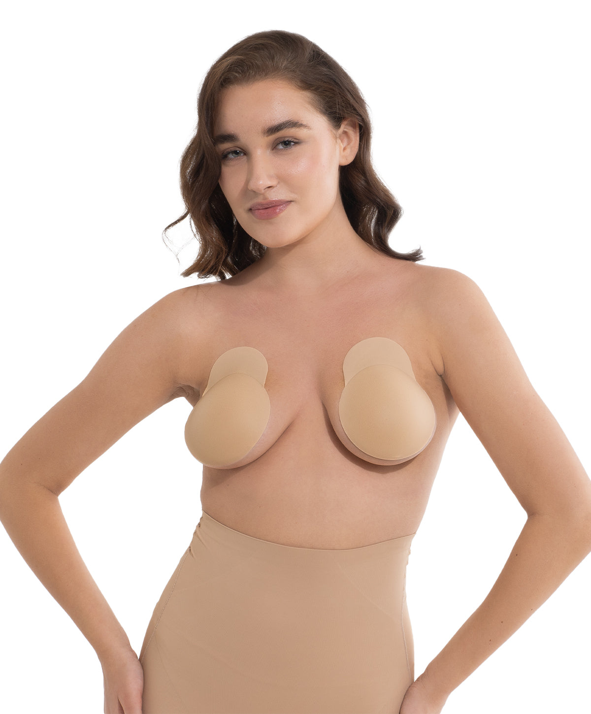 Model posing in Nippetals NipLifts extra-lift adhesive nipple covers, highlighting an enhanced shape and concealed lift