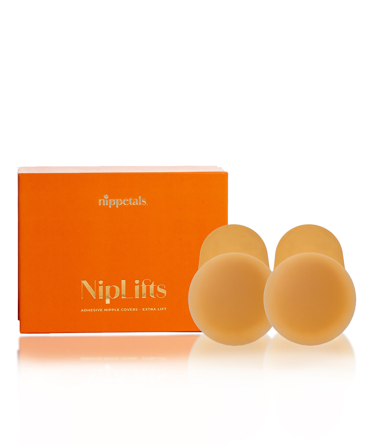 Nippetals NipLifts extra-lift adhesive covers displayed in front of their packaging box, showcasing support and a perky appearance