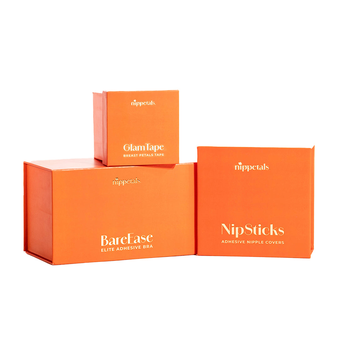 Packages of Nippetals GlamTape and BareEase adhesive bra and NipSticks adhesive nipple covers displayed together, showcasing versatile and supportive wardrobe solutions