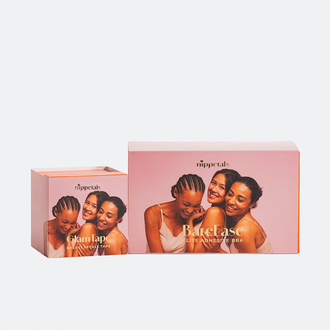 Packages of Nippetals GlamTape and BareEase adhesive bra displayed together, showcasing versatile and supportive wardrobe solutions
