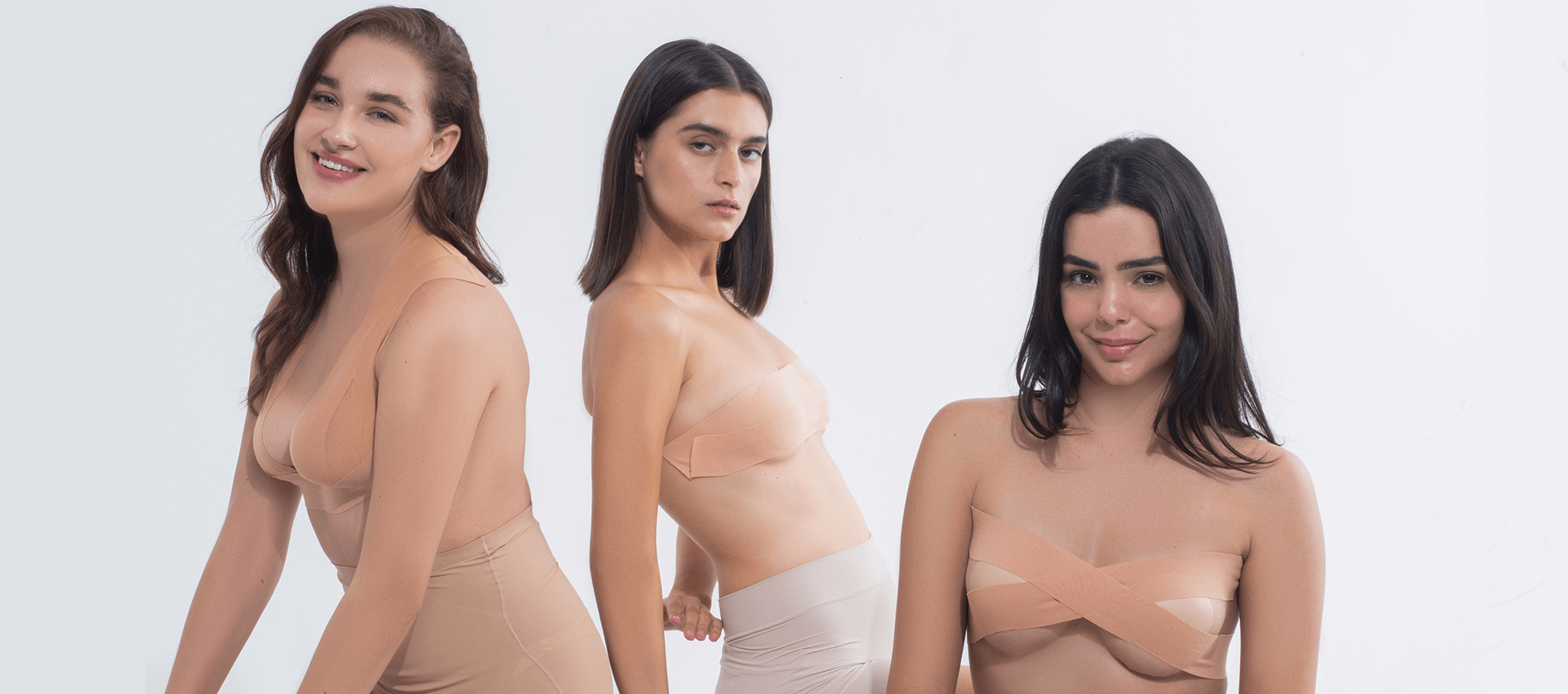 Three models wearing Nippetals Glam Tape for lift, shape, and support in sustainable cotton fabric