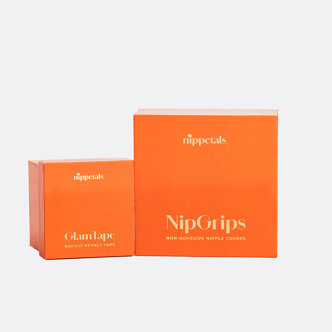 Packaging boxes of Nippetals GlamTape and NipGrips non-adhesive nipple covers displayed together, showcasing reliable and seamless wardrobe solutions