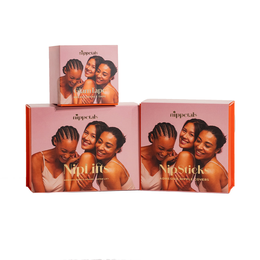 Packages of Nippetals GlamTape and NipLifts and NipSticks adhesive nipple covers displayed together, showcasing versatile and reliable wardrobe solutions