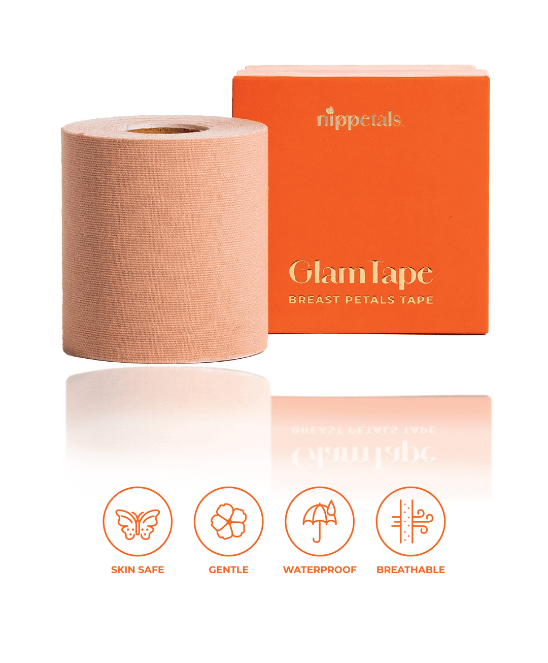 Nippetals GlamTape displayed in front of its packaging box, highlighting its skin-safe, gentle, waterproof and breathable features