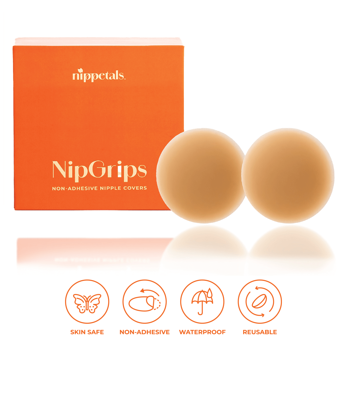 Nippetals NipGrips Non-Adhesive Nipple Covers displayed in front of its packaging box, highlighting its skin-safe, non-adhesive, waterproof, and reusable features